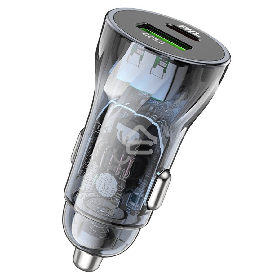 Автомобильная зарядка HOCO Z47A прозрачный 1xUSB-1xUSB-C, 3А PD30W QC3.0, черный