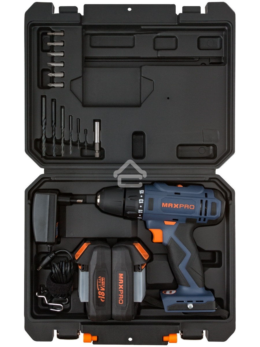 Дрель-шуруповерт MAX-PRO 85030, Аккумуляторная, 18В, 2 АКБ, Кейс