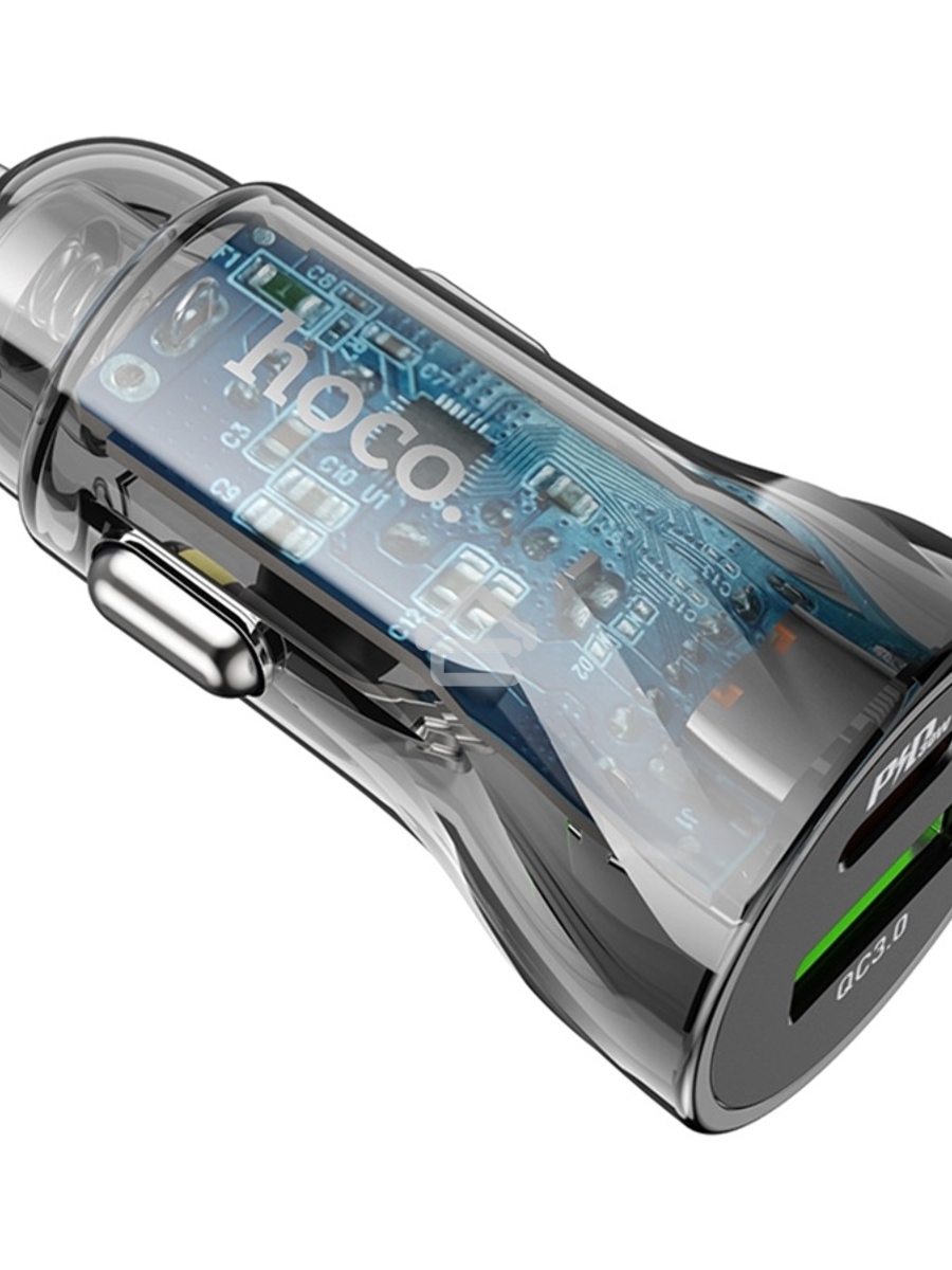Автомобильная зарядка HOCO Z47A прозрачный 1xUSB-1xUSB-C, 3А PD30W QC3.0, черный