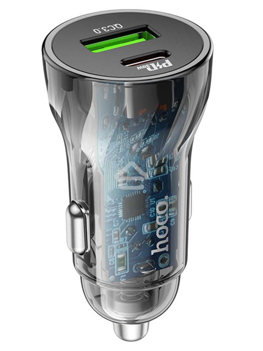 Автомобильная зарядка HOCO Z47A прозрачный 1xUSB-1xUSB-C, 3А PD30W QC3.0, черный