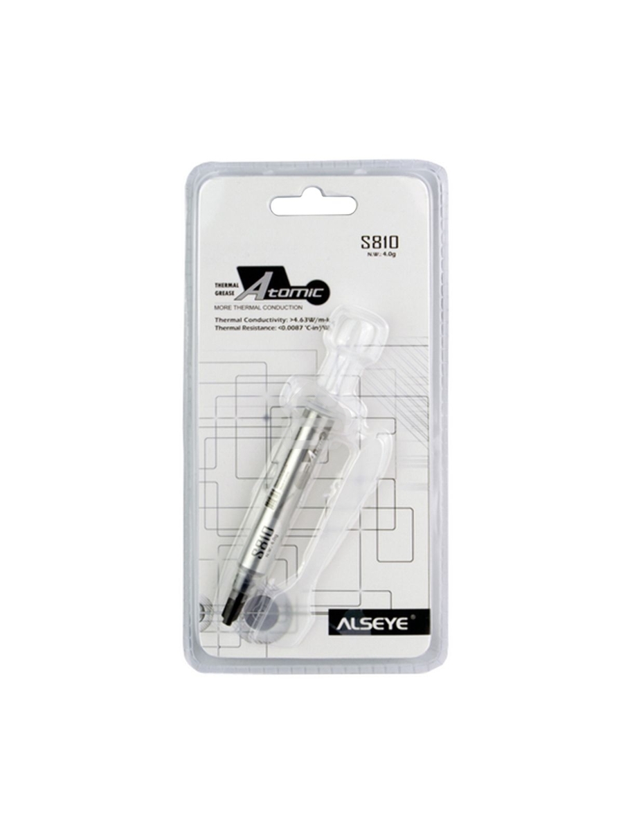 Термопаста ALSEYE S-810 Color: Grey Thermal Conductivity: >;4.63 W/m-K Thermal Impdedance: <;0.0087 ℃-in2/W Specific Gravity: >;3.15 Viscosity: 12500 Thixotropic Index: 280 ±10 1/10mm Moment Beared Temperature: -50-300℃ Operation Temperture: -30-280℃; sil
