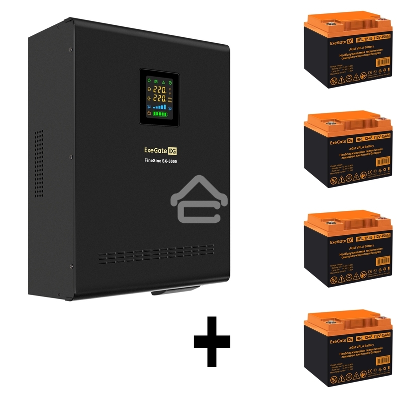 Комплект источника бесперебойного питания Exegate EX296003RUS + батарея 45Aч EX285666RUS 4шт (инвертор, синус, для котла, настенный) ExeGate FineSine SX-3000.LCD.AVR.2SH.T <3000VA/2100W, чистая синусоида, цветной LCD-дисплей, AVR, 2*Schuko+клеммы, линейно