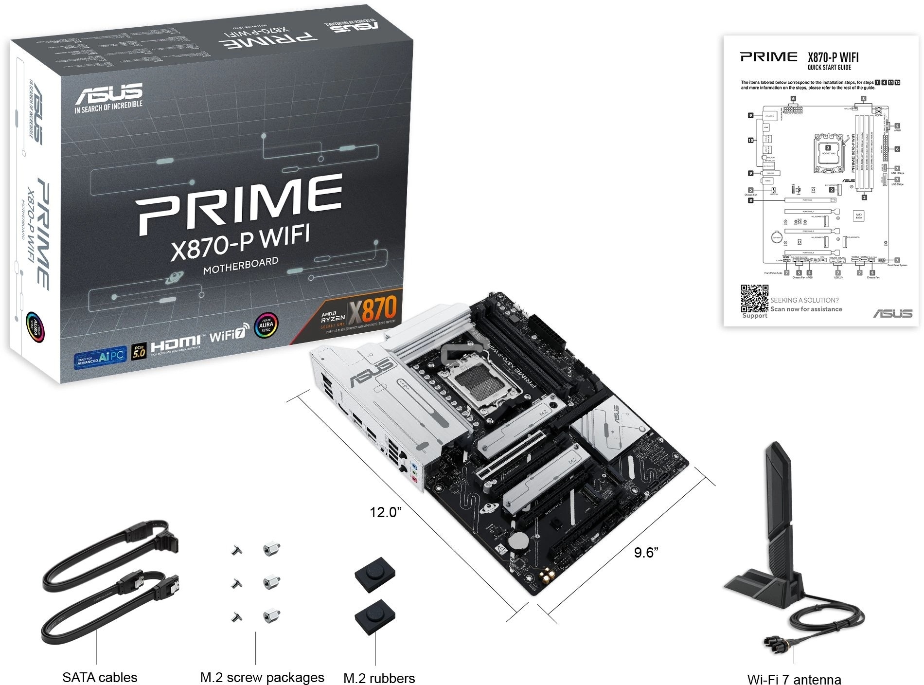Материнская плата ASUS PRIME X870-P WIFI, AM5, AMD X870, 4xDDR5, 2xSATA, 4xM.2, 1xPCI-E 5.0 x16, 2xPCI-E 4.0 x1, 1xHDMI, 2xUSB-C, 1x 2.5Gb LAN, 4xUSB-A 3.2 Gen 1, 1xUSB-A 3.2 Gen 2, 4xUSB-A 2.0, 3x3.5 мм, 7.1, 1xWi-Fi 7, ATX