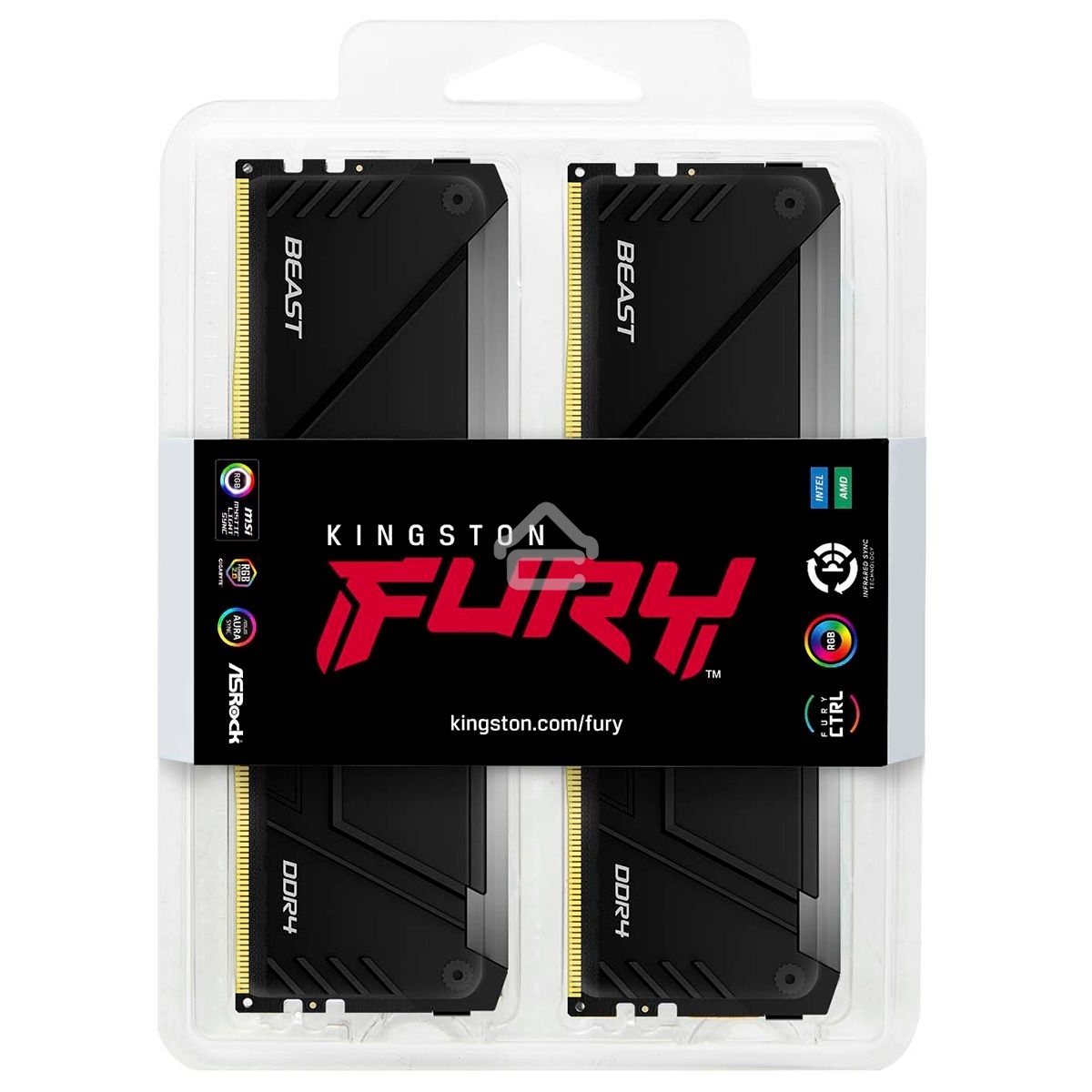 Оперативная память Kingston Fury Beast, DDR4, 32GB (4x8GB), 2666MHz, CL16, DIMM, с радиаторами, RGB, черный