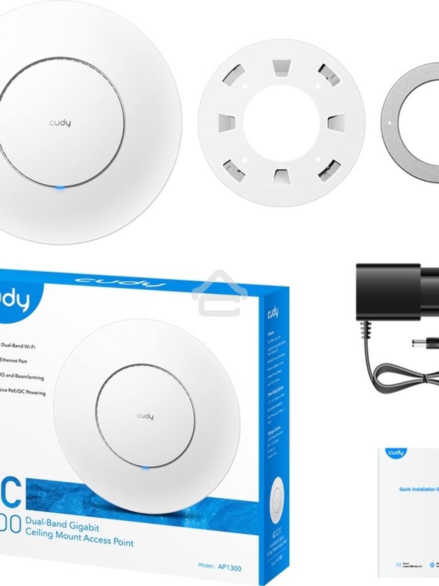 Точка доступа CUDY AC1200 Dual Band Gigabit Ceiling Mount Access Point, MT7621DAN+MT7613B+MT7603E, 867Mbps at 5GHz + 300Mbps at 2.4GHz, 1 x GbE RJ45 Port, Support 12V DC or 802.3af PoE or Passive PoE, Internal Antennas, 48V passive PoE adapter included, C