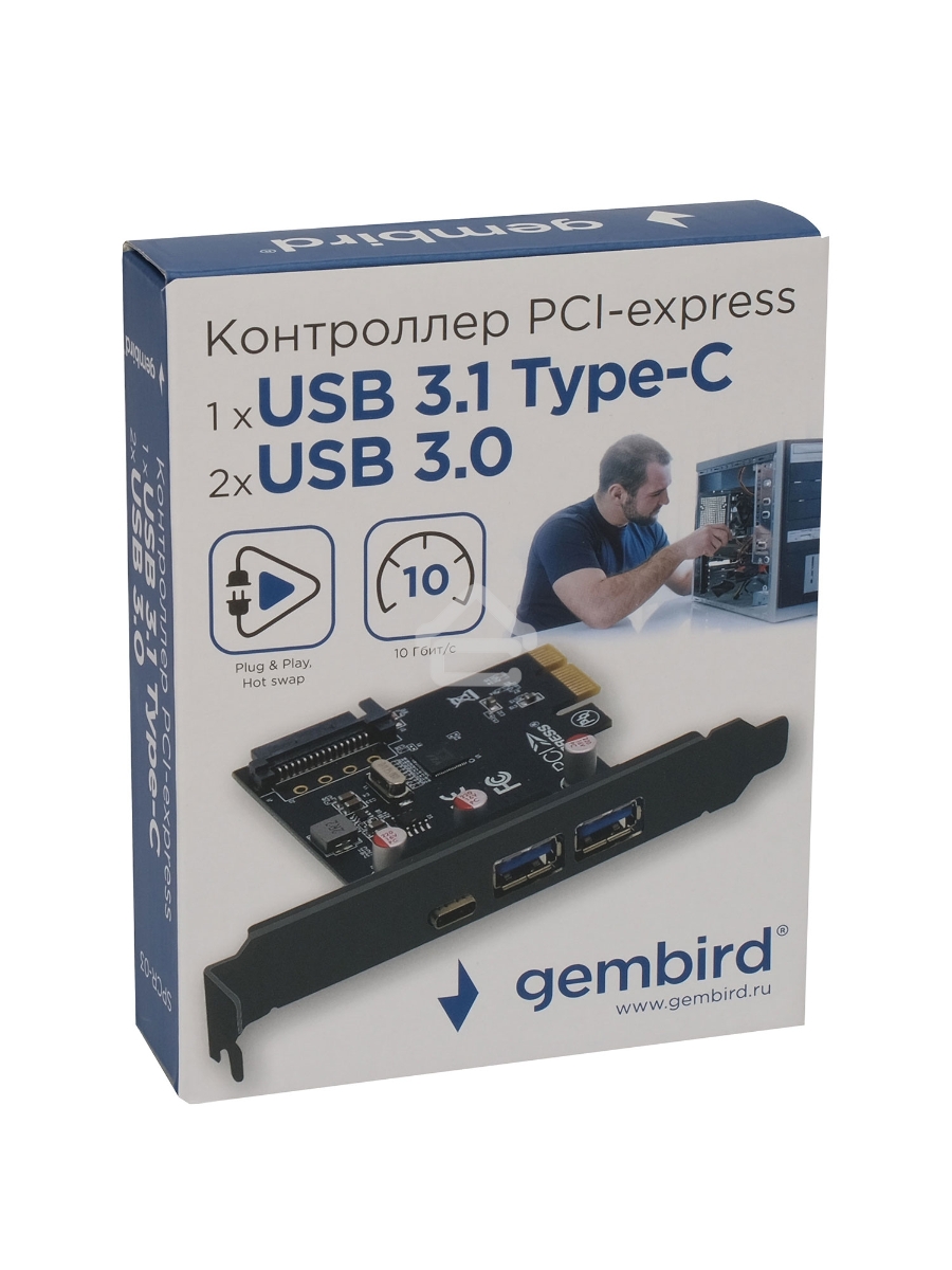 Контроллер USB 3.1 Gembird SPCR-03 в разъем PCI-e, 2xUSB-A + 1xType-C