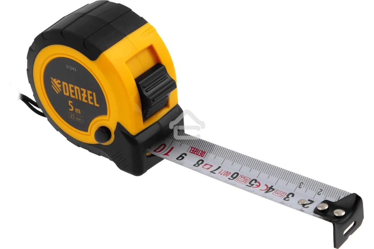 Рулетка Denzel 5м х 25мм, двухкомп. корпус, кнопка-пауза