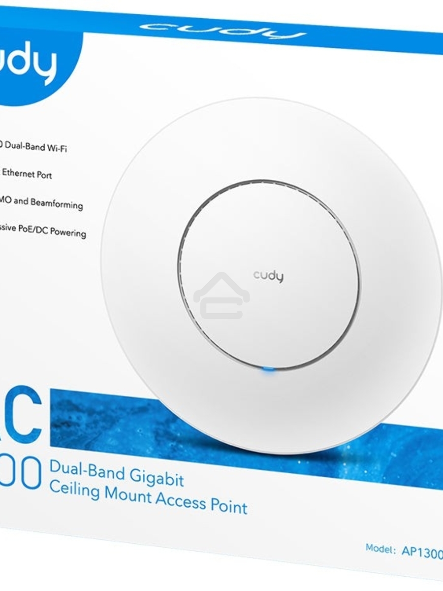 Точка доступа CUDY AC1200 Dual Band Gigabit Ceiling Mount Access Point, MT7621DAN+MT7613B+MT7603E, 867Mbps at 5GHz + 300Mbps at 2.4GHz, 1 x GbE RJ45 Port, Support 12V DC or 802.3af PoE or Passive PoE, Internal Antennas, 48V passive PoE adapter included, C