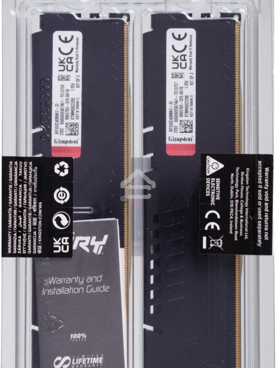 Оперативная память Kingston Fury Beast, DDR5, 32GB (2x16GB), 5200MHz, CL40, DIMM, радиатор, чёрный