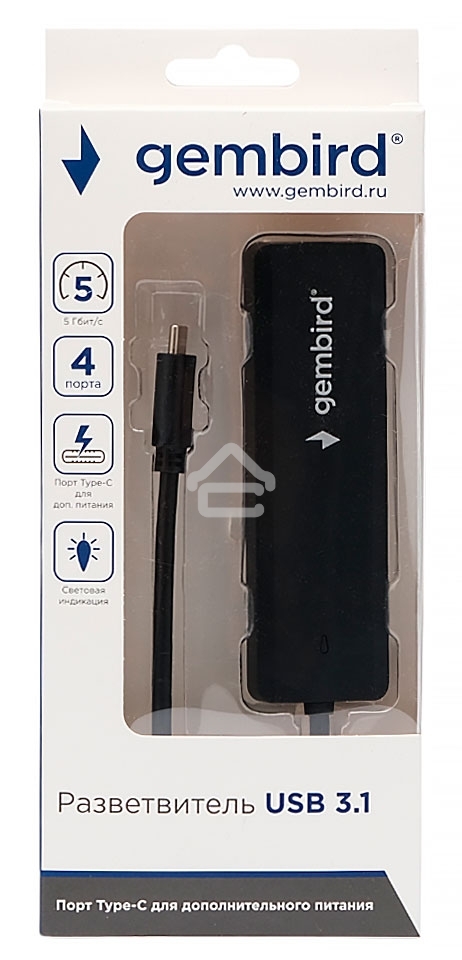 Концентратор USB 3.0 Gembird UHB-C424, 4 порта, кабель Type-C 19см, с доп питанием (Type-C)