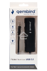 Концентратор USB 3.0 Gembird UHB-C424, 4 порта, кабель Type-C 19см, с доп питанием (Type-C)