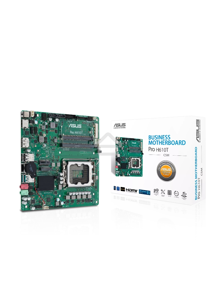 Материнская плата ASUS Pro H610T-CSM, LGA 1700, Intel H610, 2xDDR5, 2xSATA, 1xM.2, 1xPCIe x1, 1xHDMI, 1xDP, 1x 1Gb LAN, 2xUSB-A 2.0, 2xUSB-A 3.2 Gen 2, 2x3.5 мм, 7.1, Thin Mini-ITX