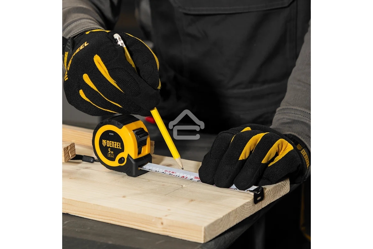 Рулетка Denzel 5м х 25мм, двухкомп. корпус, кнопка-пауза