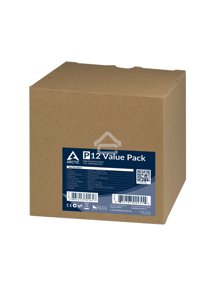 Вентилятор для корпуса Arctic P12 Value pack черный, 120 мм, 1800 об/мин, 22.5 дБ, 3 pin