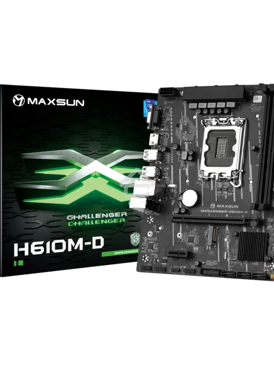 Материнская плата Maxsun MS-Challenger H610M-D, LGA 1700, Intel H610, 2xDDR4, 3xSATA, 1xM.2, 1xPCIe 4.0 x16, 1xPCIe x1, 1xHDMI, 1xVGA, 1x 1Gb LAN, 2xUSB 3.2 Gen 1, 4xUSB 2.0, 3x3.5 мм, 5.1, mATX