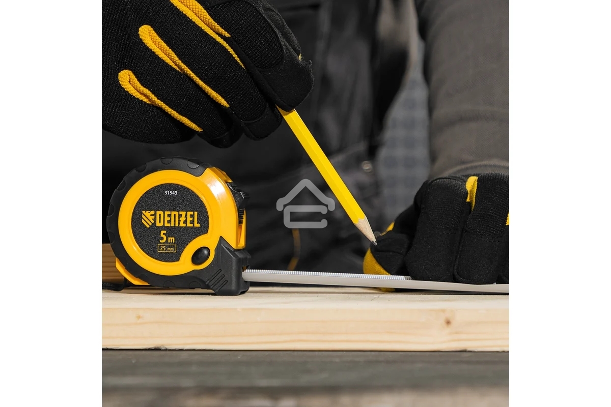 Рулетка Denzel 5м х 25мм, двухкомп. корпус, кнопка-пауза