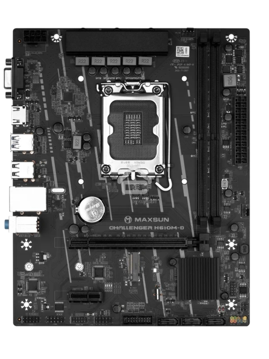 Материнская плата Maxsun MS-Challenger H610M-D, LGA 1700, Intel H610, 2xDDR4, 3xSATA, 1xM.2, 1xPCIe 4.0 x16, 1xPCIe x1, 1xHDMI, 1xVGA, 1x 1Gb LAN, 2xUSB 3.2 Gen 1, 4xUSB 2.0, 3x3.5 мм, 5.1, mATX