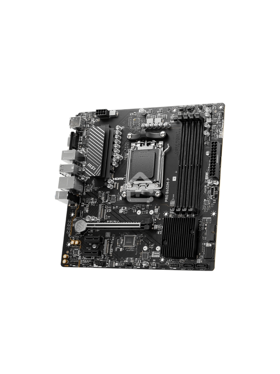 Материнская плата MSI PRO B650M-P, AM5, AMD B650, 4xDDR5, 4xSATA, 2xM.2, 1xPCI-E 4.0 x16, 2xPCI-E 4.0 x1, 1xHDMI, 1xDP, 1xVGA, 1x2.5Gb LAN, 2xUSB 3.2 Gen 1, 2xUSB 3.2 Gen 2, 3x3.5 мм, 7.1, Micro-ATX