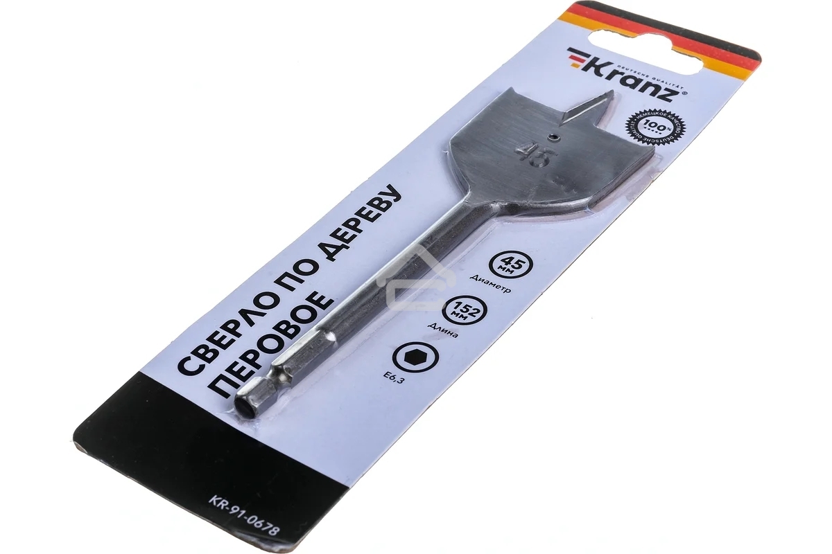 Сверло перовое по дереву Kranz 45х152 мм, шестигранный хвостовик