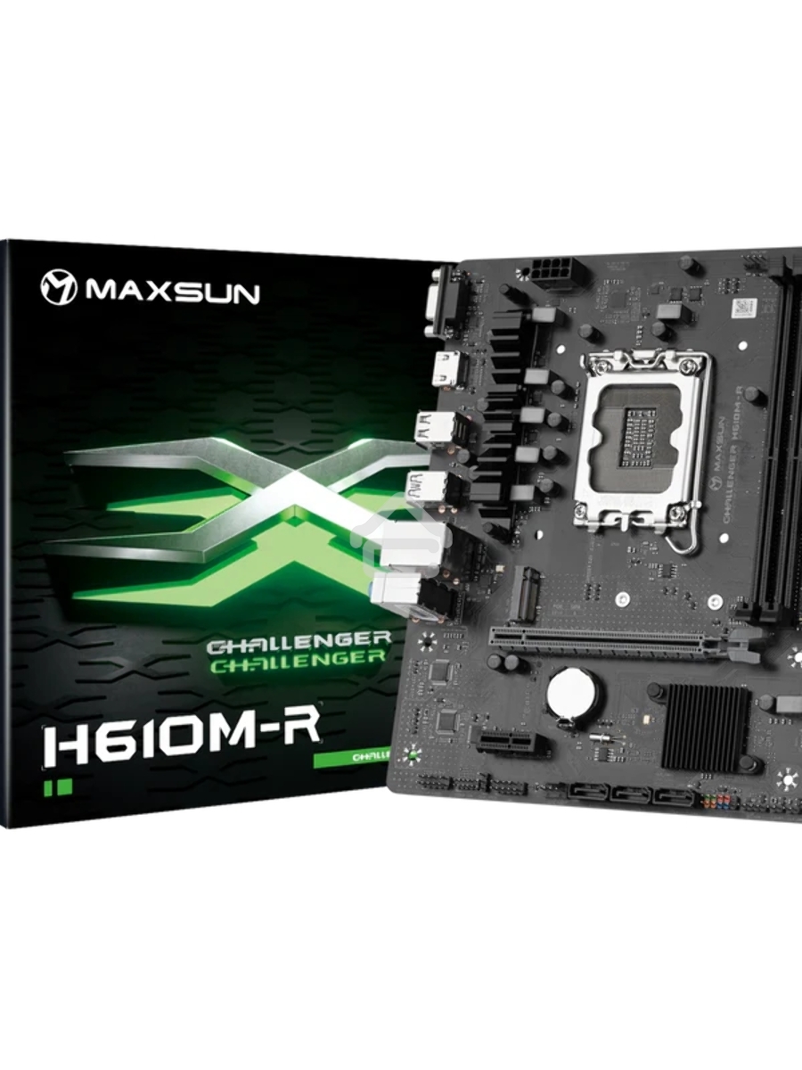 Материнская плата Maxsun Challenger H610M-R, LGA 1700, Intel H610, 2xDDR4, 3xSATA, 1xM.2, 1xPCIe 4.0 x16, 1xPCIe x1, 1xHDMI, 1xVGA, 1x 1Gb LAN, 2xUSB 3.2 Gen 1, 4xUSB 2.0, 3x3.5 мм, 5.1, mATX