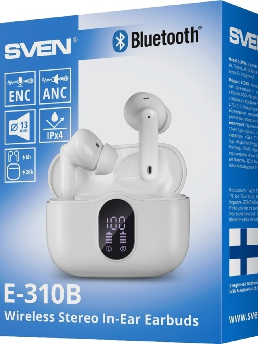 Беспроводные внутриканальные наушники с микрофоном Sven E-310B, белый (Bluetooth, TWS, ANC, ENC, APP)