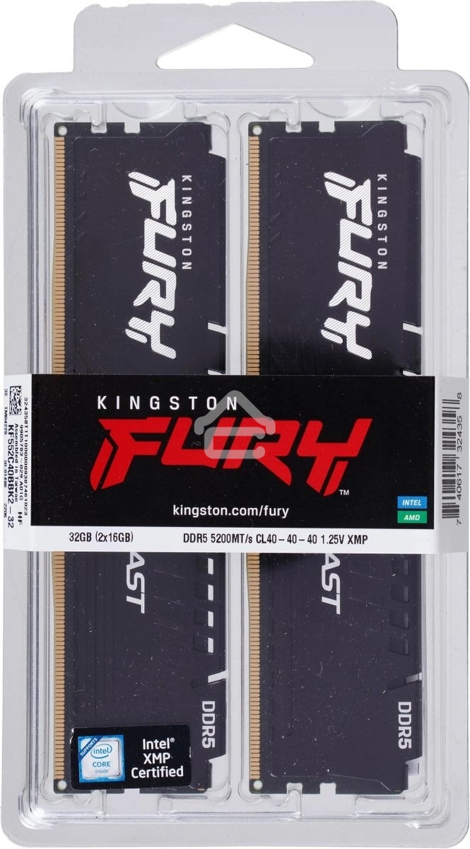 Оперативная память Kingston Fury Beast, DDR5, 32GB (2x16GB), 5200MHz, CL40, DIMM, радиатор, черный