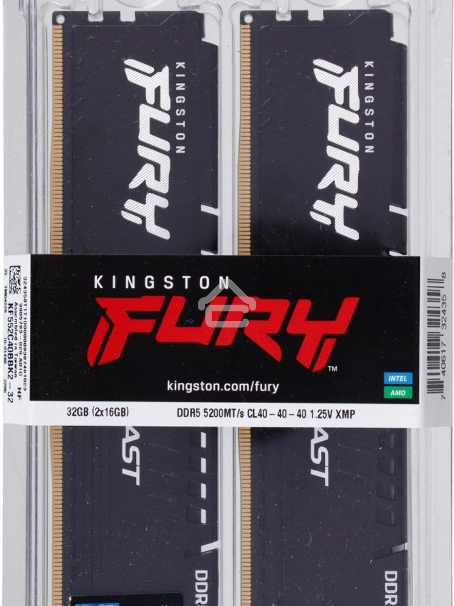 Оперативная память Kingston Fury Beast, DDR5, 32GB (2x16GB), 5200MHz, CL40, DIMM, радиатор, чёрный