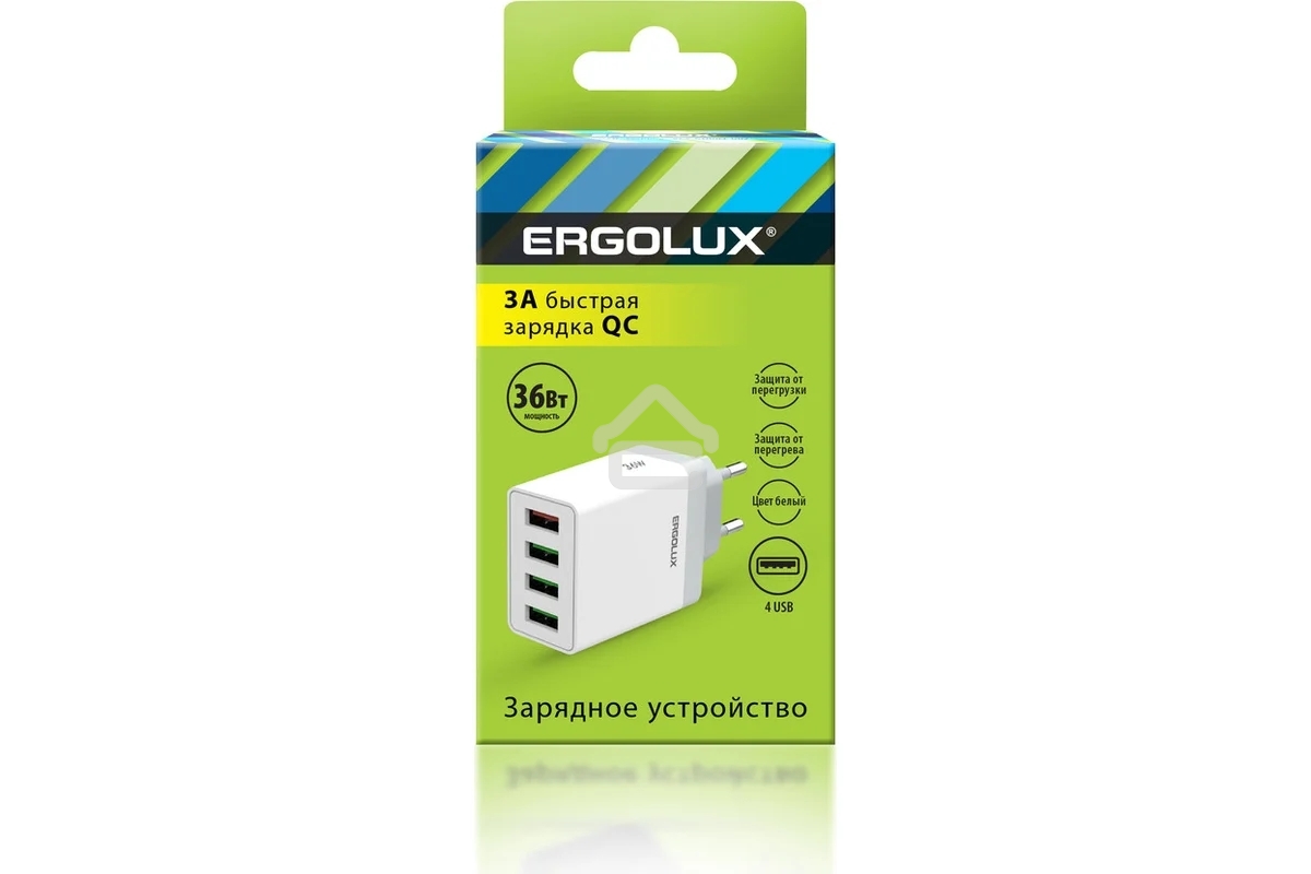Адаптер сетевой ELX-РA02QC-C01 36Вт 4USB 100-220В 5-9В/3А 1QC+3/3А коробка бел. Ergolux 15292