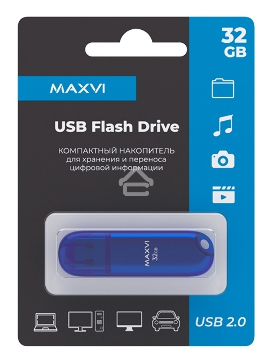 Флеш диск Maxvi P1 32GB USB 2.0 blue, монолит с колпачком, ABS пластик