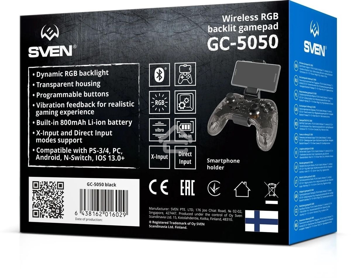 Геймпад Sven GC-5050 черный Bluetooth Беспроводной виброотдача обратная связь (в компл.:держатель для смартфона/кабель USB) (SV-016029)