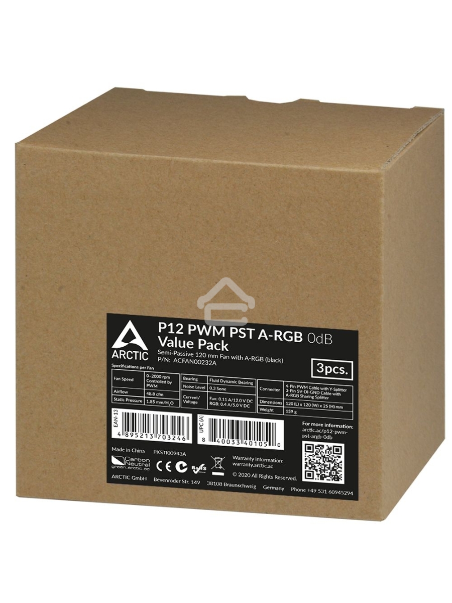 Вентилятор для корпуса Arctic P12 PWM PST A-RGB черный, 120 мм, 2000 об/мин, 22.5 дБ, 4 pin