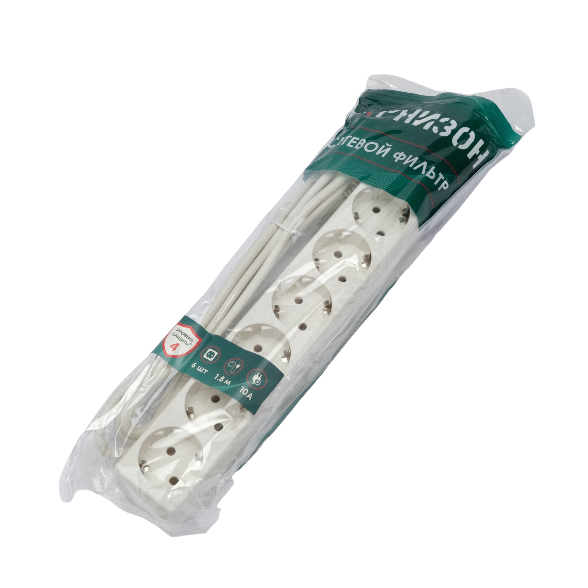 Сетевой фильтр Гарнизон ECL-6-W-1.8, 6 р, 10А, 1.8 м, ур.защиты 4, белый, пакет