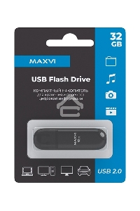 Флеш диск Maxvi P1 32GB USB 2.0 black, монолит с колпачком, ABS пластик