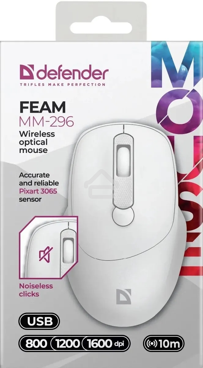 Мышь беспроводная Defender Feam MM-296 белый, 1600 dpi, радиоканал, USB, кнопки - 4