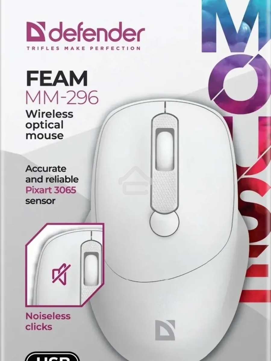 Мышь беспроводная Defender Feam MM-296 белый, 1600 dpi, радиоканал, USB, кнопки - 4