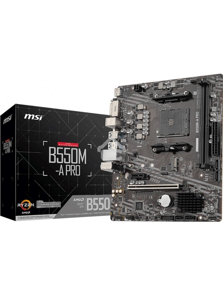 Материнская плата MSI B550M-A PRO, AM4, AMD B550, 2xDDR4, 4xSATA, 1xM.2, 1xPCIe 4.0 x16, 1xPCIe x1, 1xDVI-D, 1xHDMI, 1x 1Gb LAN, 2xUSB 2.0, 4xUSB 3.2 Gen 1, 3x3.5 мм, 7.1, mATX