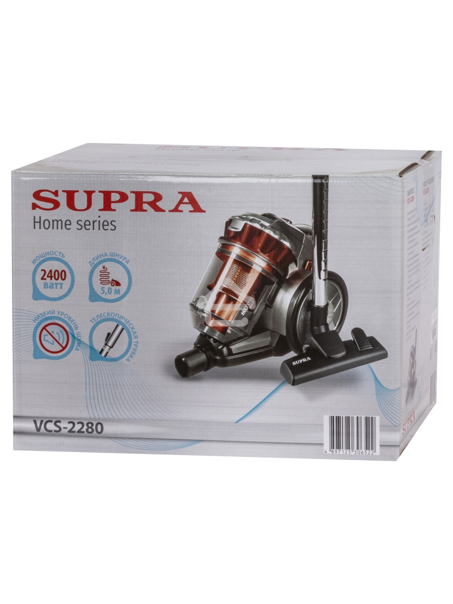 Пылесос Supra VCS-2280 красный, 400/2400 Вт, уборка сухая, пылесборник контейнер, 2.5 л
