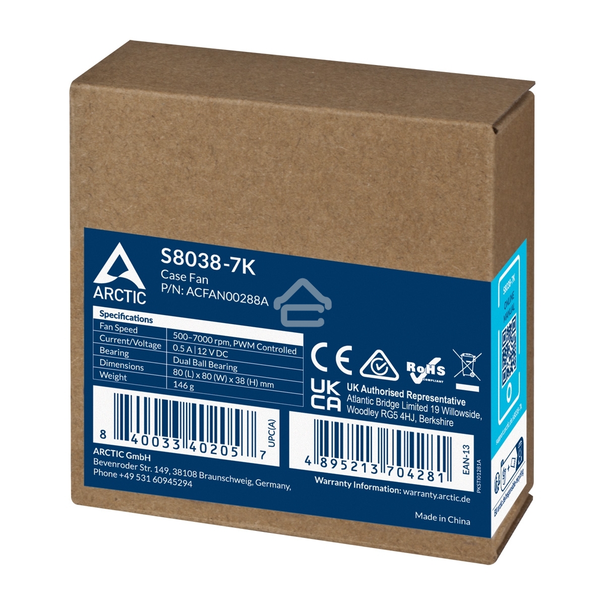 Вентилятор для корпуса Arctic S8038-7K черный, 80 мм, 7000 об/мин, 22.5 дБ, 4 pin