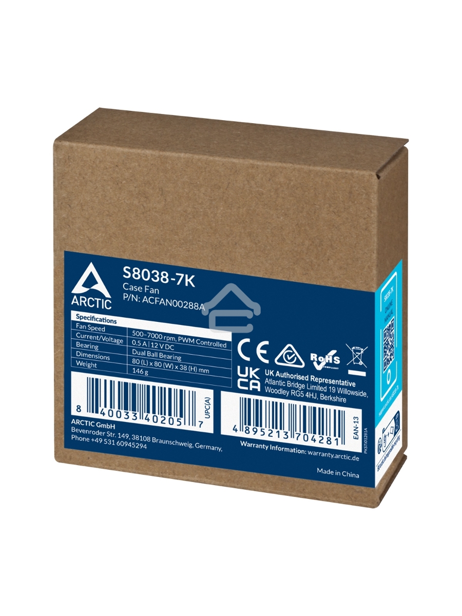 Вентилятор для корпуса Arctic S8038-7K черный, 80 мм, 7000 об/мин, 22.5 дБ, 4 pin