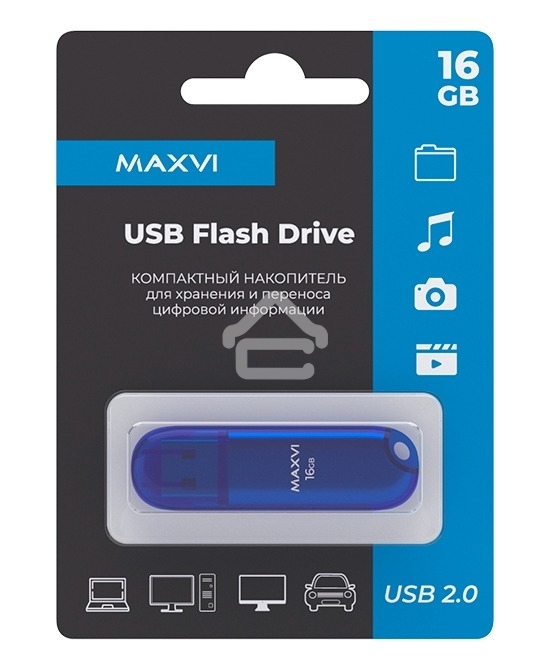 Флешка USB R/W Maxvi P1 16GB USB 2.0 blue, монолит с колпачком, ABS пластик