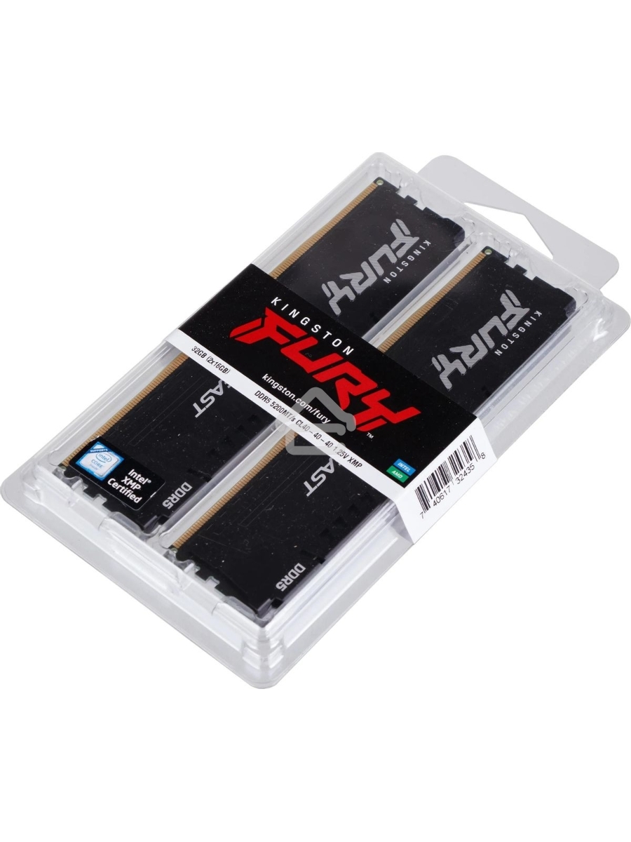 Оперативная память Kingston Fury Beast, DDR5, 32GB (2x16GB), 5200MHz, CL40, DIMM, радиатор, чёрный