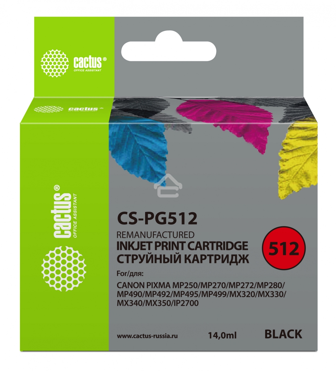 Картридж струйный Cactus CS-PG512 черный (14 мл) для Canon Pixma iP2700/MP240/MP250/MP260/MP270/MP272/MP280/MP480/MP490/MP492/MP495/MX320/MX330/MX340/MX350