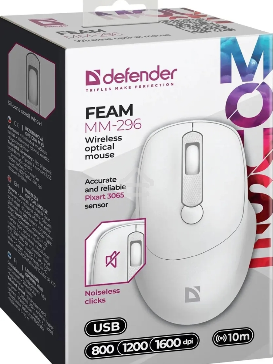 Мышь беспроводная Defender Feam MM-296 белый, 1600 dpi, радиоканал, USB, кнопки - 4