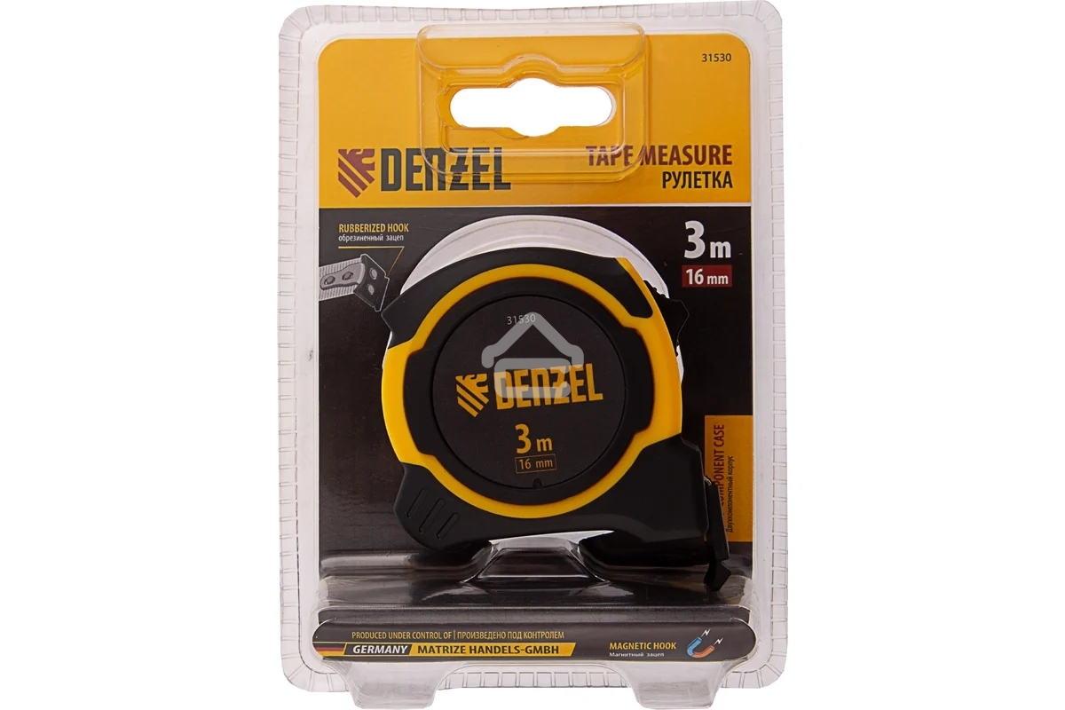 Рулетка Denzel 3м х 16мм, двухкомп. корпус, магнитный обрезиненный зацеп