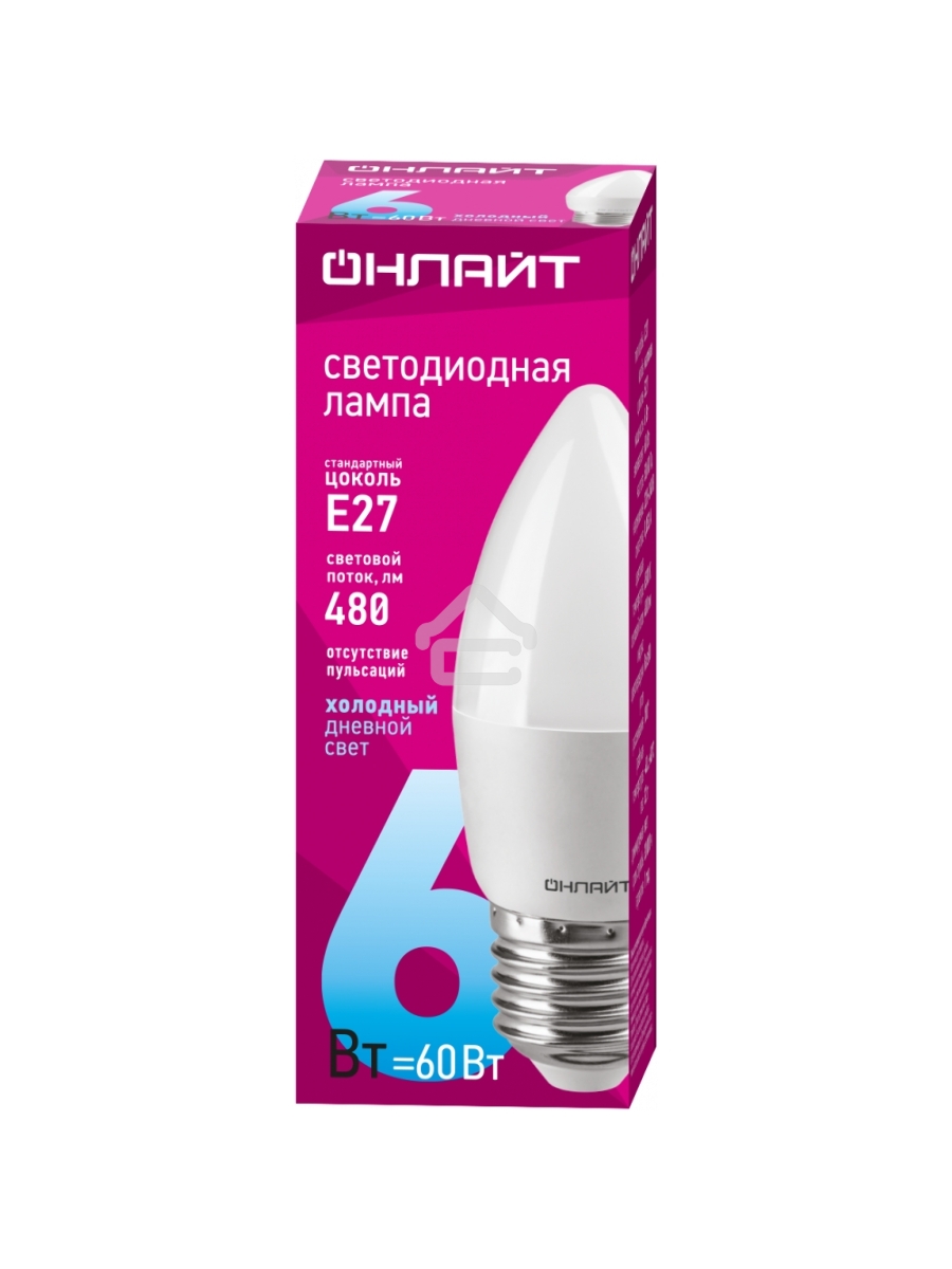 Лампа светодиодная ОНЛАЙТ 61129 OLL-C37-6-230-6.5K-E27-FR