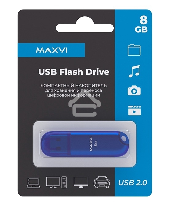 Флешка USB R/W Maxvi 8GB P1 USB 2.0 blue, монолит с колпачком, ABS пластик