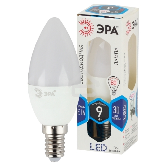 Лампа светодиодная ЭРА STD LED B35-9W-840-E14 9 Вт свеча нейтральный белый свeт