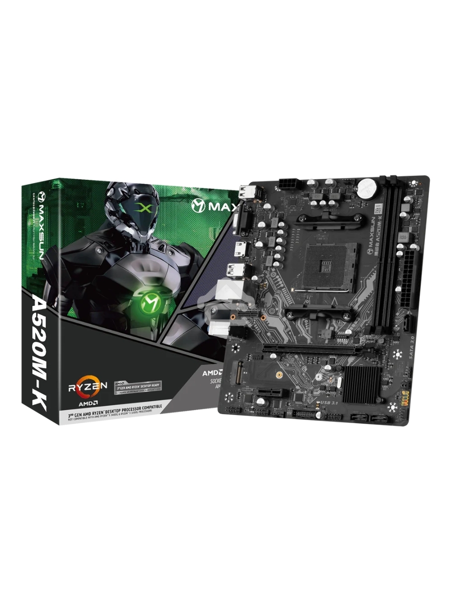Материнская плата Maxsun Challenger A520M-K, AM4, AMD A520, 2xDDR4, 3xSATA, 1xM.2, 1xPCIe 3.0 x16, 1xPCIe 3.0 x1, 1xHDMI, 1xVGA, 1x 1Gb LAN, 2xUSB-A 3.2 Gen 1, 4xUSB-A 2.0, 3x3.5 мм, 5.1, M-ATX