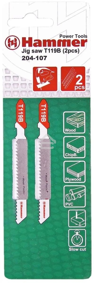 Пилка для лобзика Haммerflex 204-107 JG WD-PL T119B (2pcs) мягк.др\пл, 67мм, шаг 1.9-2.3, HCS, 2шт