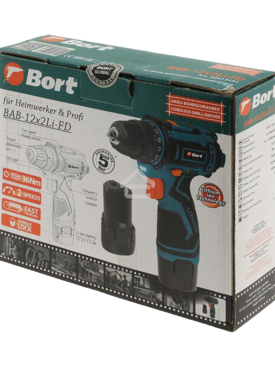 Дрель-шуруповерт Bort BAB-12x2Li-FD 93413151, Аккумуляторная, 12В, 2 АКБ